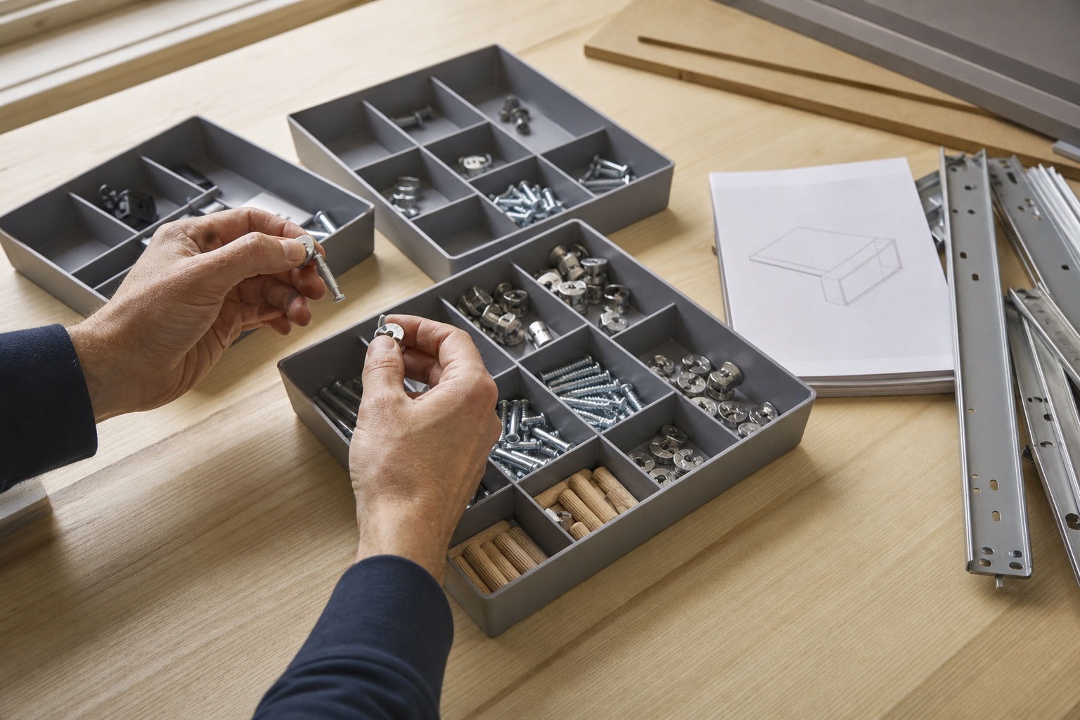 Keukenhardware wordt vooraf op vorm en toepassing gesorteerd