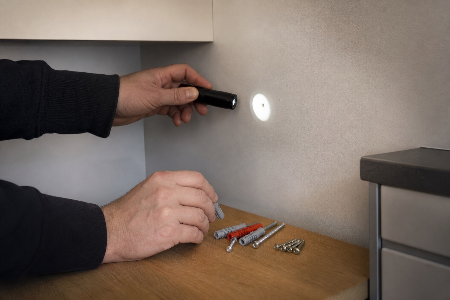 Pluggen en schroeven worden gekozen tijdens controle van een keukenwand