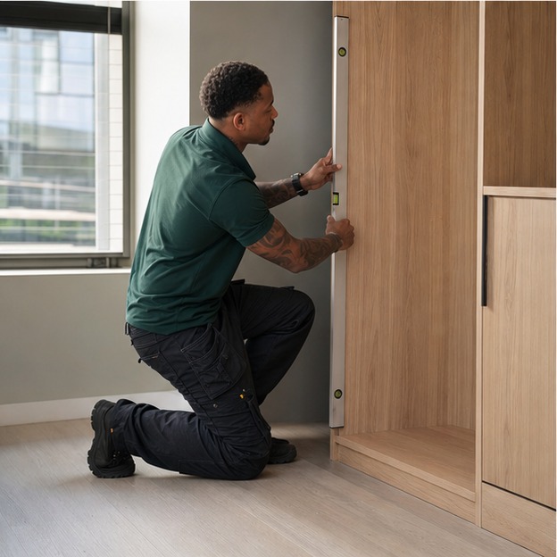 Glenn van Troncon meet vloer en wand naast een hoge kast met een waterpas