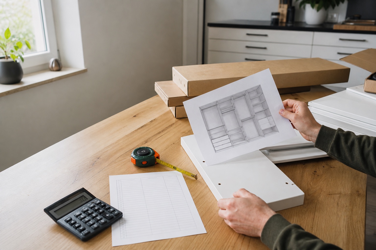 Onderdelen en meetgereedschap op een werktafel voor het berekenen van IKEA-montagekosten