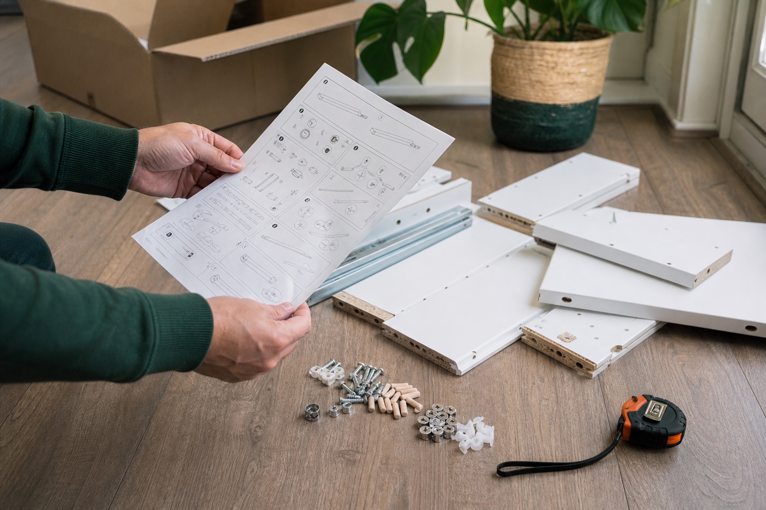 Handen controleren een gesorteerde onderdelenlijst naast meubelonderdelen