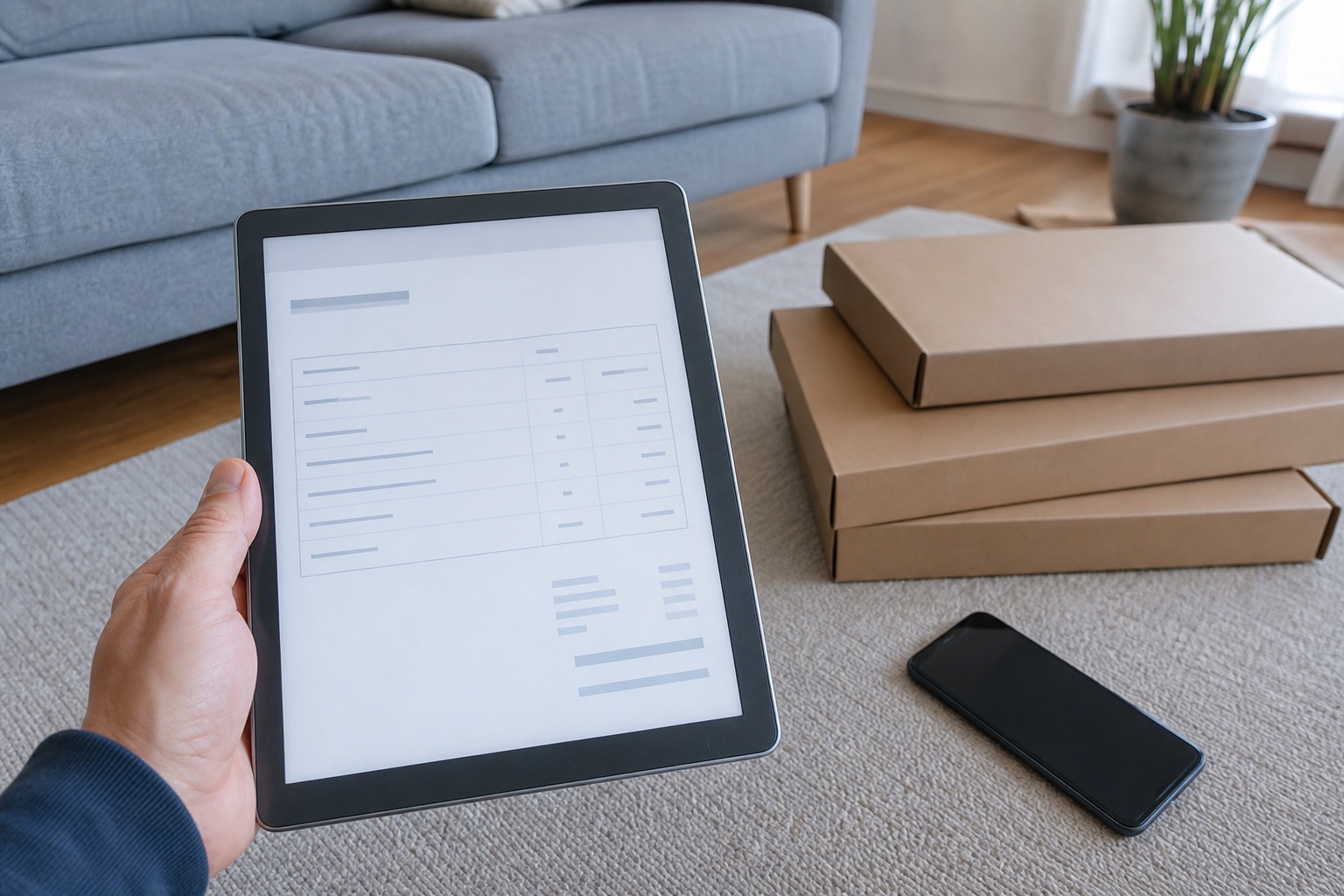 Merkloze smartphone en dozen tijdens een controle van een IKEA-montageaanvraag