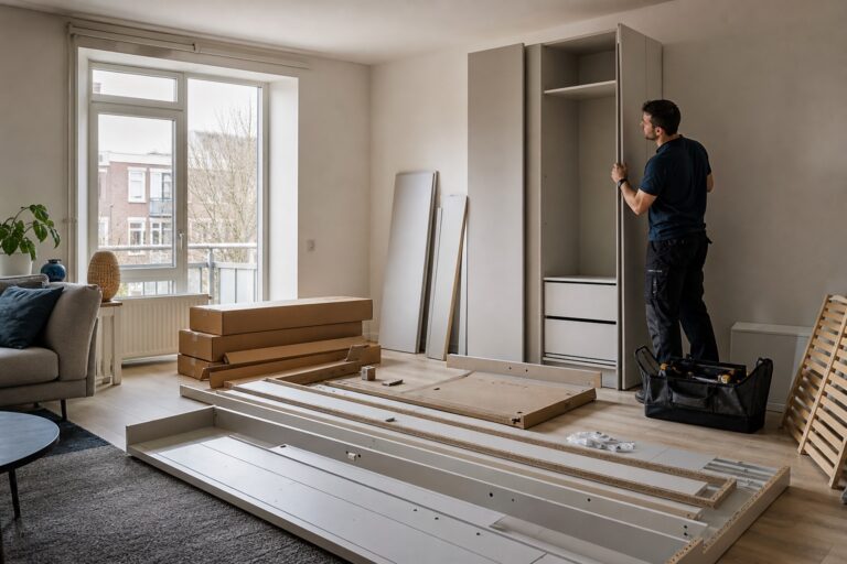 IKEA-meubels en gereedschap klaar voor montage in een Nederlandse woonkamer