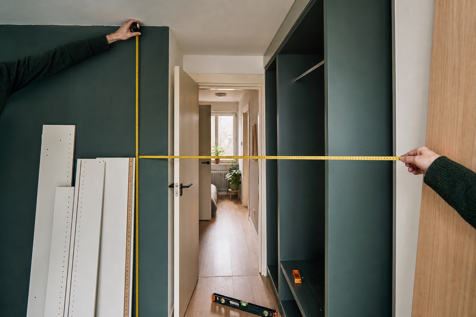 Handen meten de hoogte en breedte van een kastopstelling in een smalle kamer