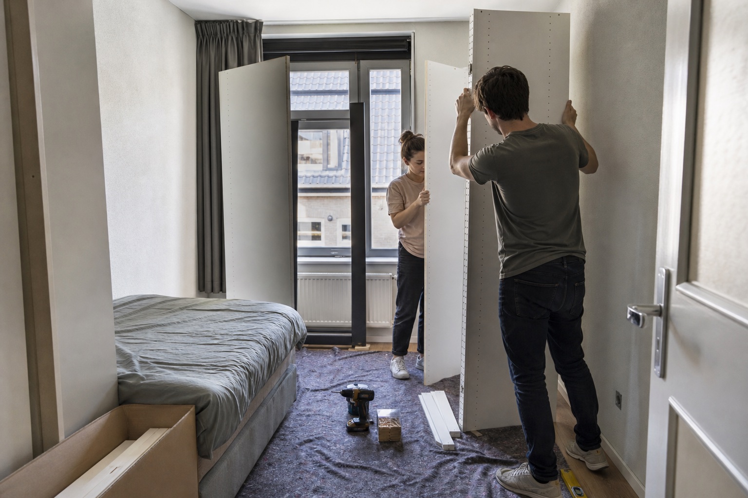 Twee mensen richten hoge kastpanelen uit in een kleine slaapkamer