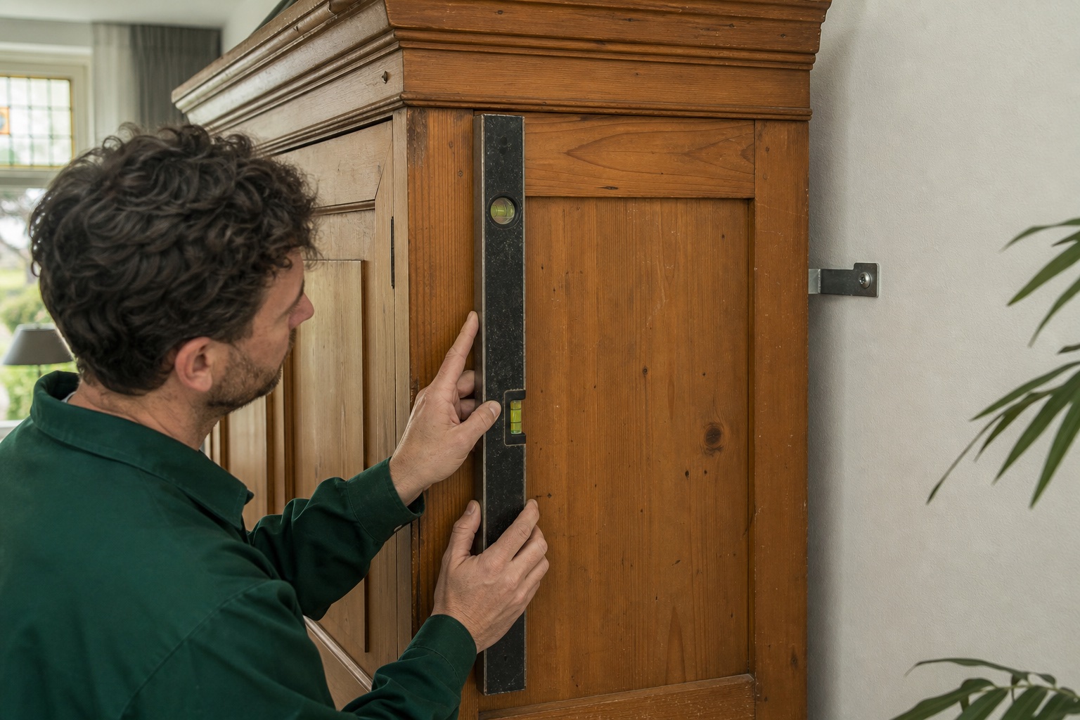 Monteur controleert de waterpasstand en wandbevestiging van een kast