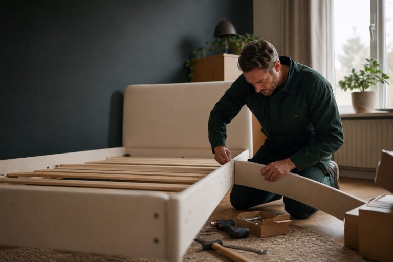 Rustige slaapkamer met een gedeeltelijk gemonteerd bedframe en gereedschap binnen handbereik