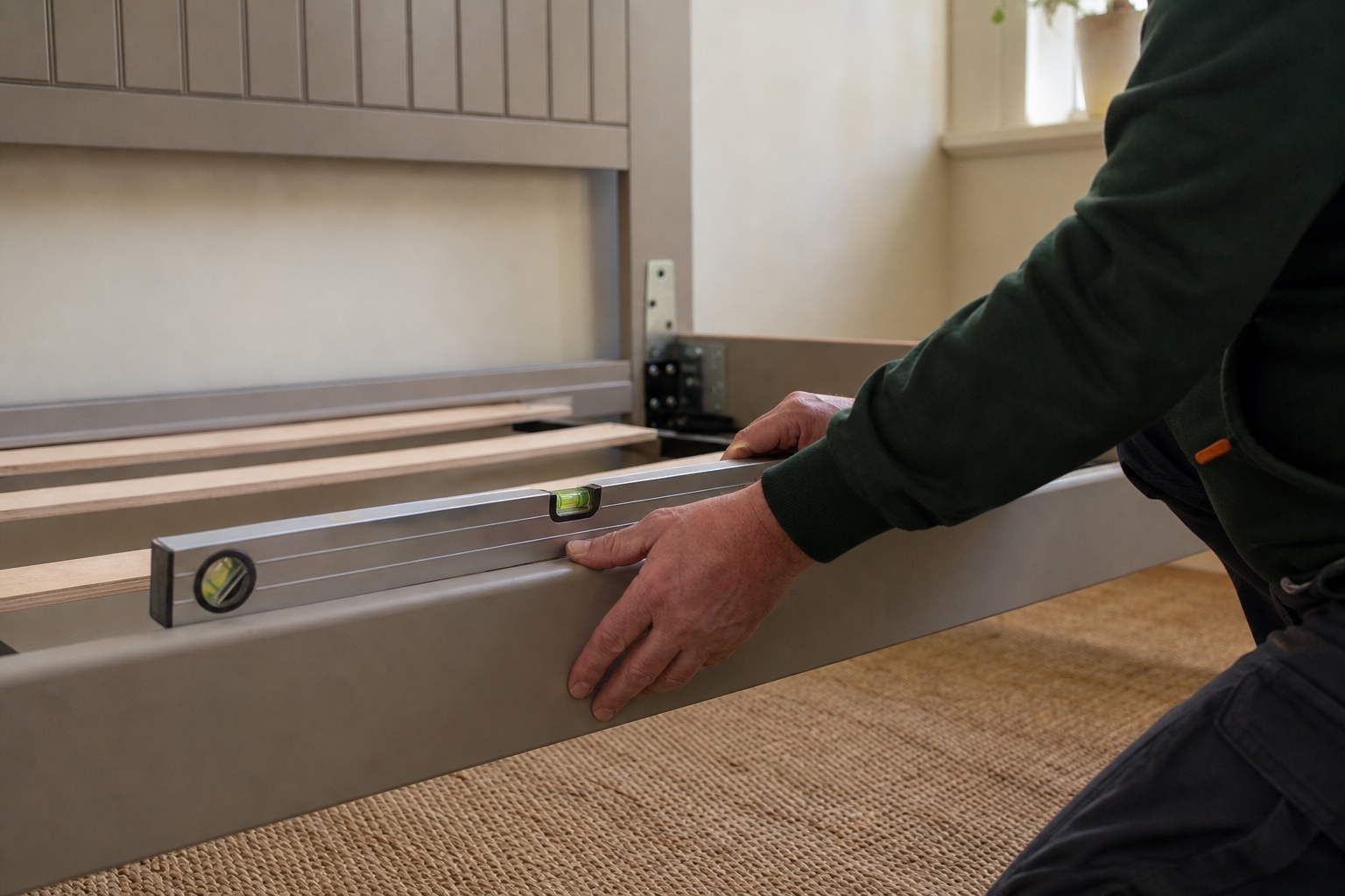 Bedframe met een waterpas gecontroleerd langs de lange zijde
