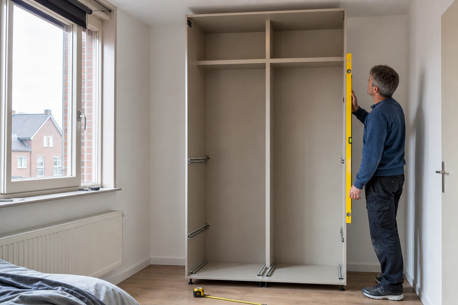 Een PAX kastframe wordt gecontroleerd op een rechte en stabiele basis