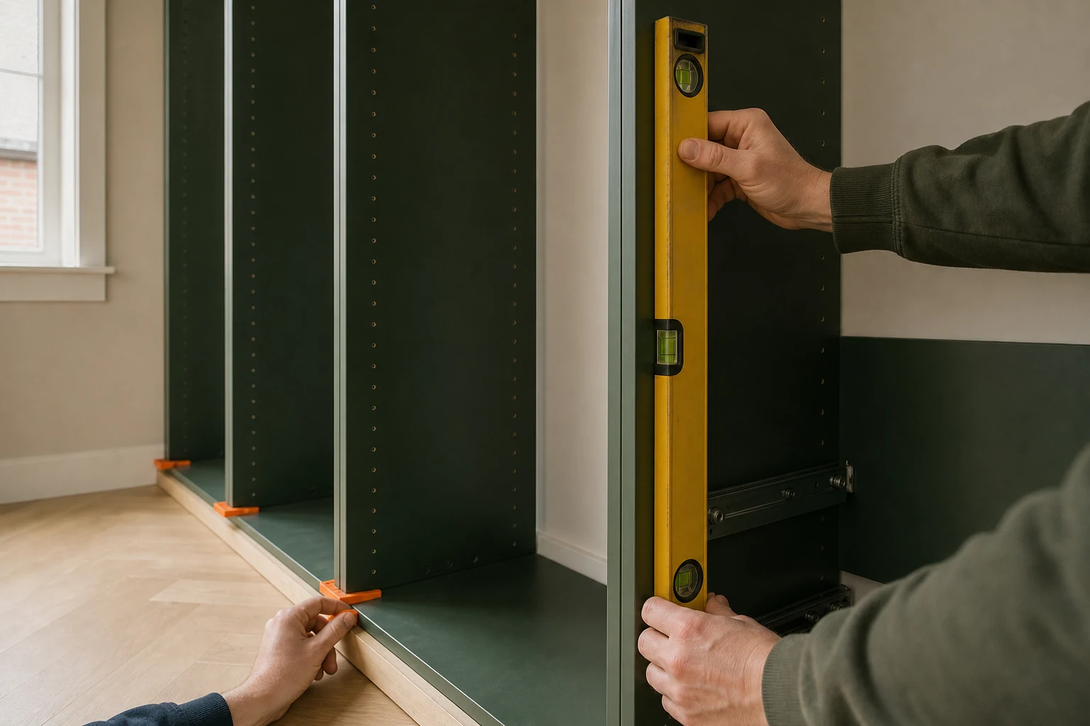 Meerdere PAX frames worden naast elkaar uitgelijnd voor een rechte kastwand