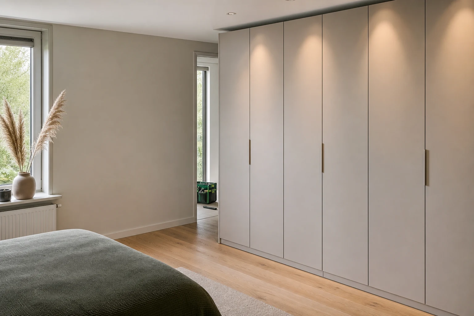 Afgewerkte kastwand in een rustige slaapkamer met ruimte voor kleding en accessoires