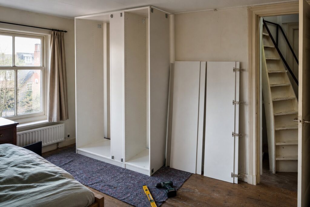 Half opgebouwde kledingkast in een Delftse slaapkamer, met de deuren nog tegen de muur en een waterpas op de vloer