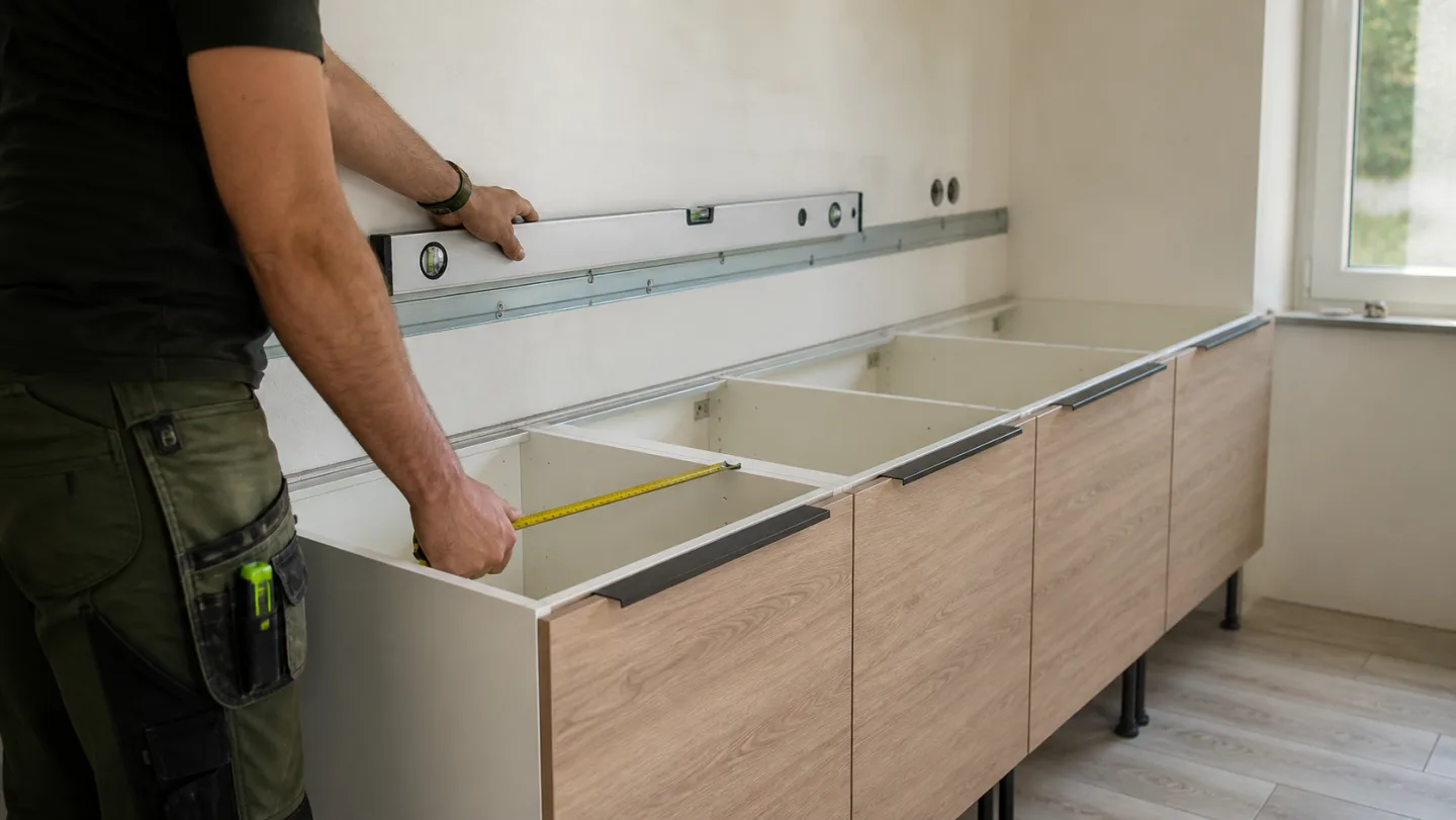 Montagerail en onderkasten van een keuken uitlijnen
